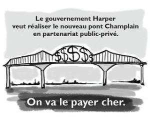 Caricature publiée sur le site du SCFP (Syndicat Canadien de la Fonction Publique) montrant le prix que vont payer les contribuables pour le péage du nouveau pont Champlain